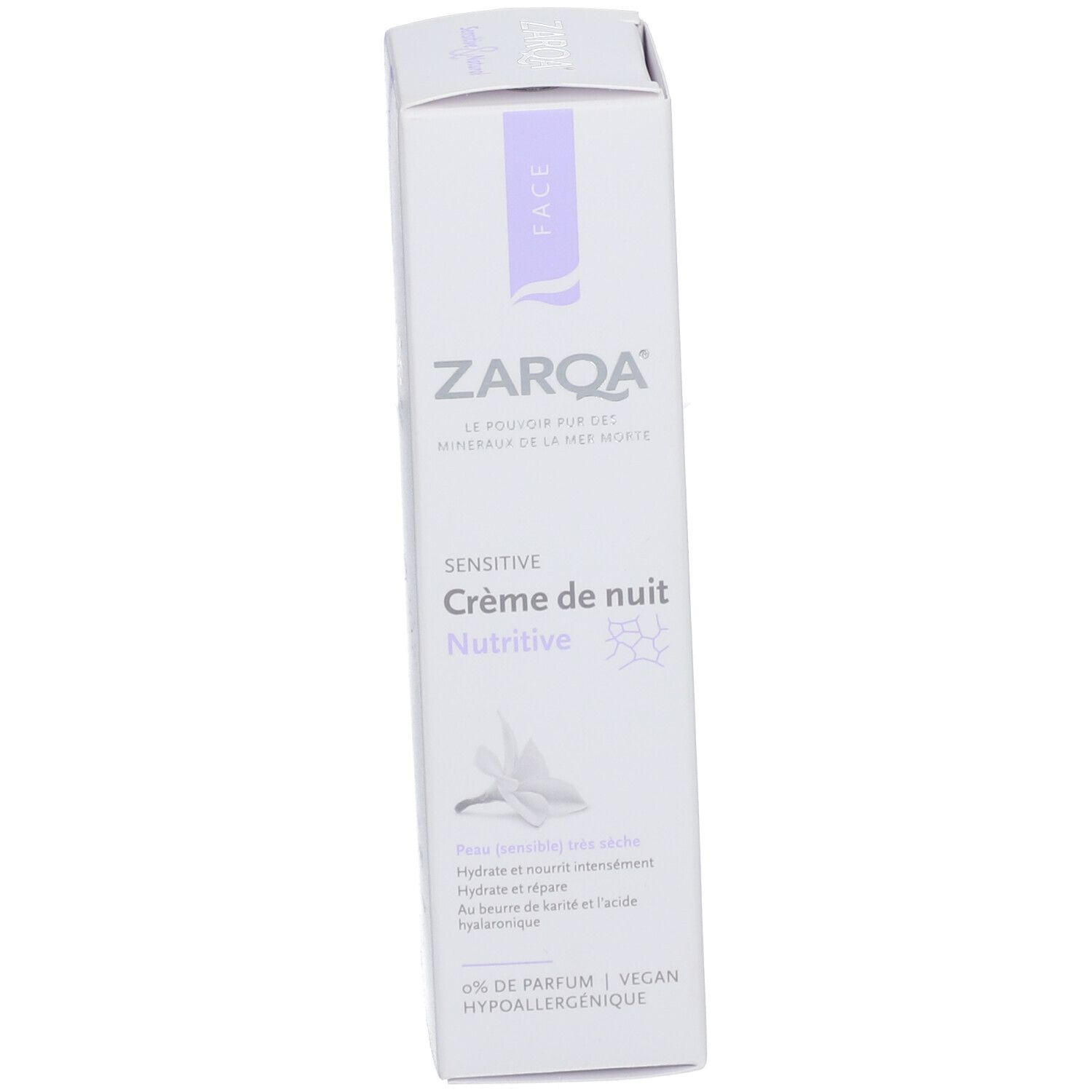 ZARQA Sensitive Crème de nuit Nutritive Schachtel. Weiß mit lila Akzenten. Text: Sensitive Crème de nuit Nutritive, 0% Parfum, Vegan, Hypoallergeen.