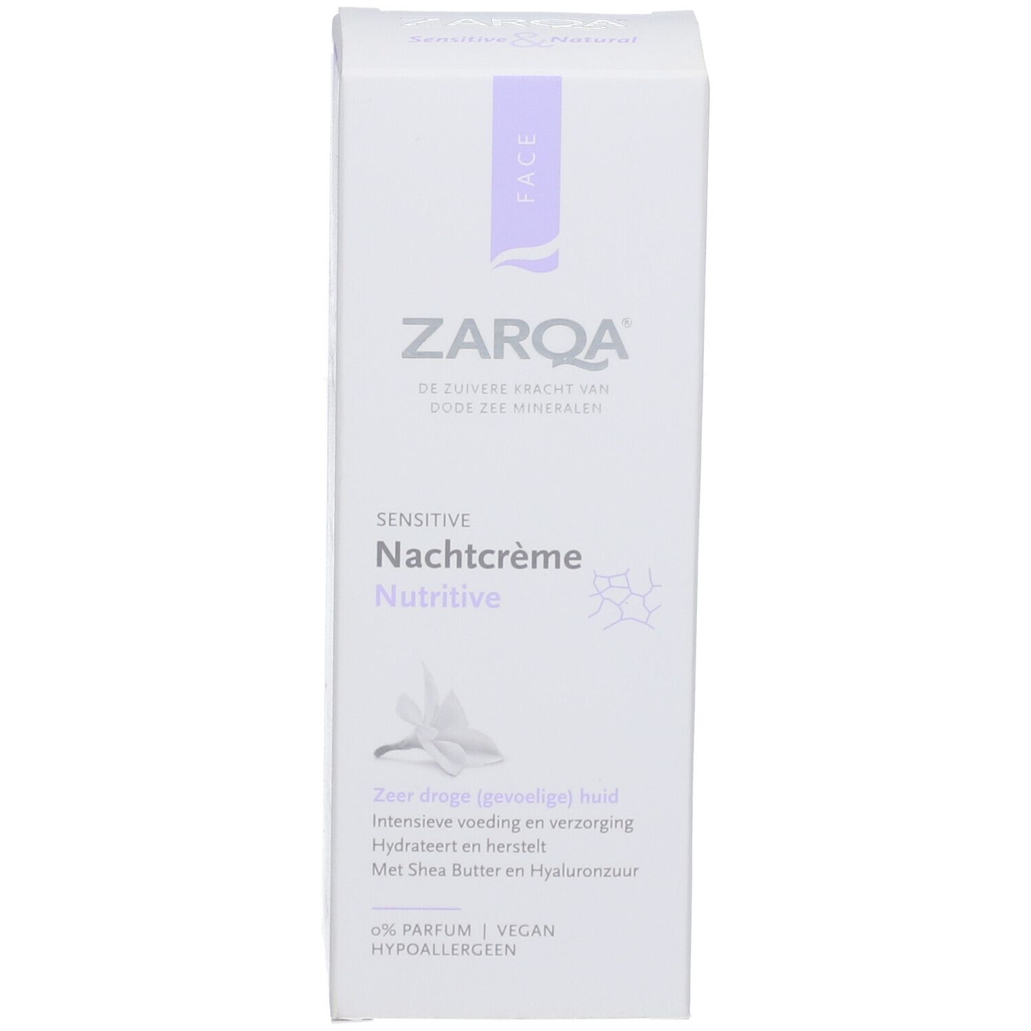 ZARQA Sensitive Nachtcrème Nutritive Schachtel. Weiß mit lila Akzenten. Text: Sensitive Nachtcrème Nutritive, 0% Parfum, Vegan, Hypoallergeen.