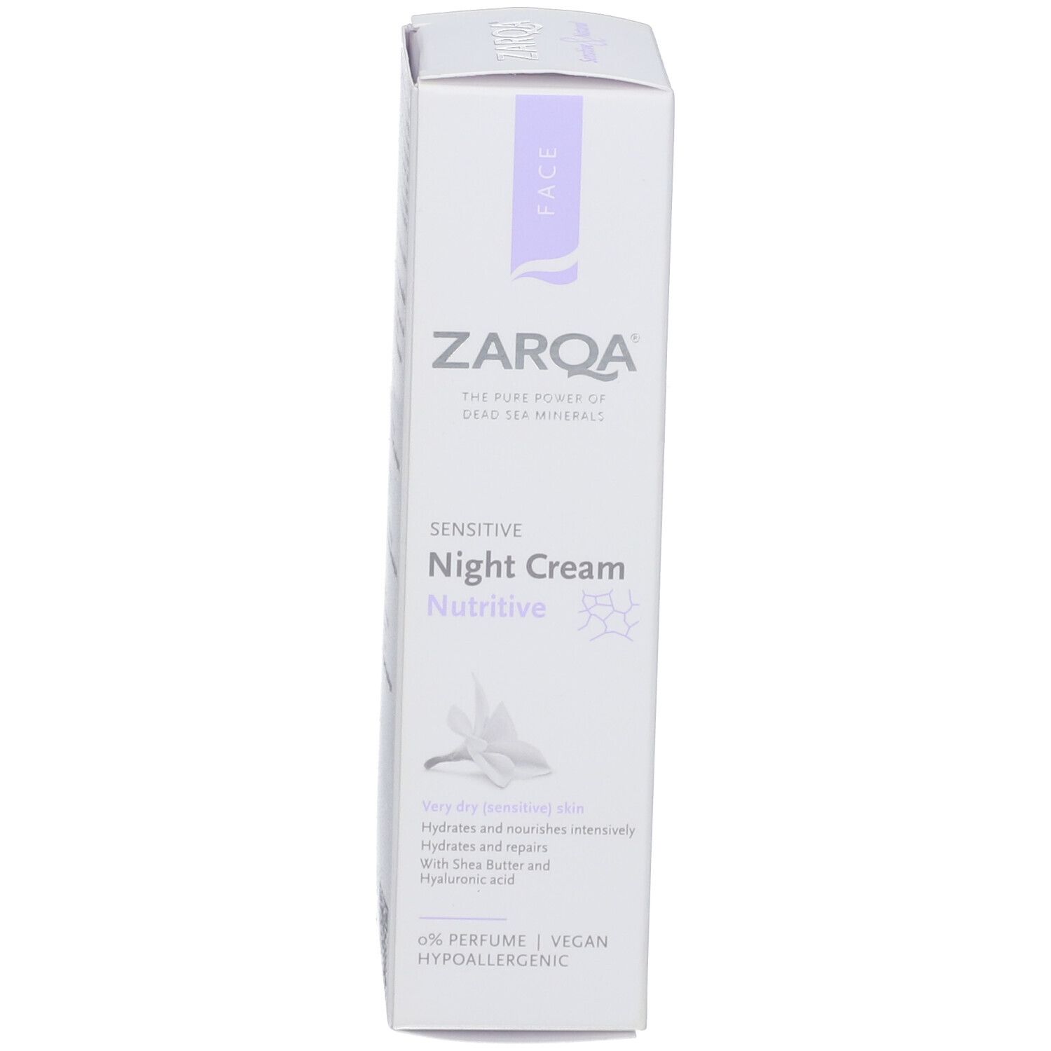 ZARQA Sensitive Night Cream Nutritive Schachtel. Weiß mit lila Akzenten. Text: Night Cream Nutritive, 0% Parfum, Vegan, Hypoallergeen.