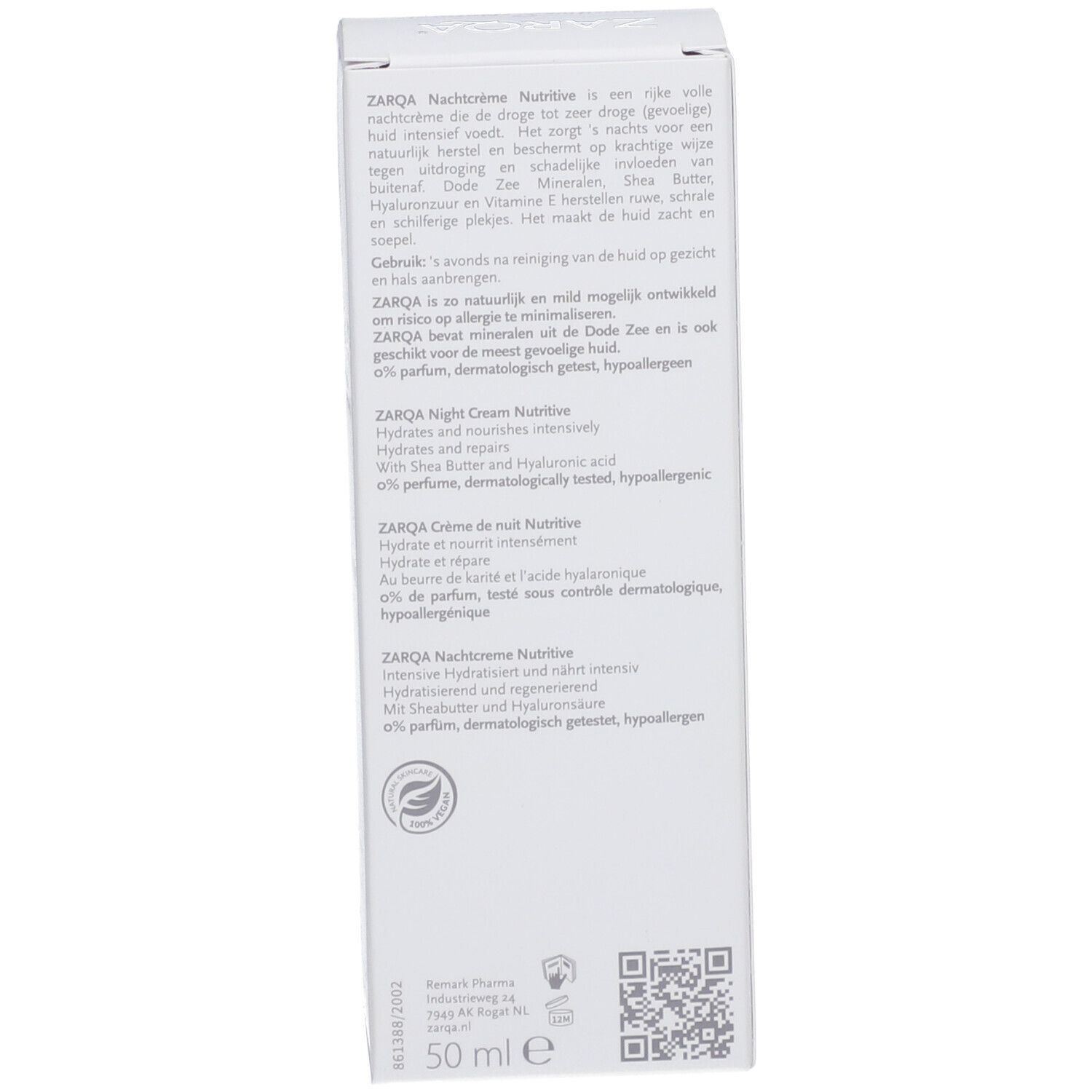 Rückseite der ZARQA Nachtcrème Nutritive Schachtel. Text in mehreren Sprachen. Enthält Informationen zu Inhaltsstoffen und Zertifizierungen.