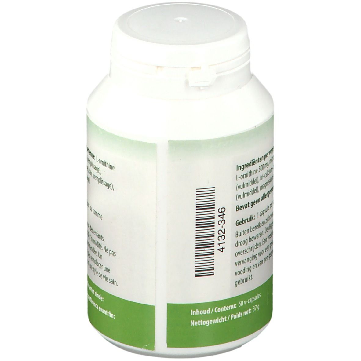 Rückseite einer weißen Flasche mit Kapseln. Zutatenliste und Gebrauchsanweisung. Barcode 4132346.
