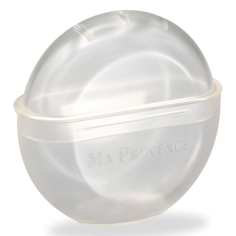 Transparente, ovale Box mit Deckel. Auf der Unterseite steht "Ma Provence".