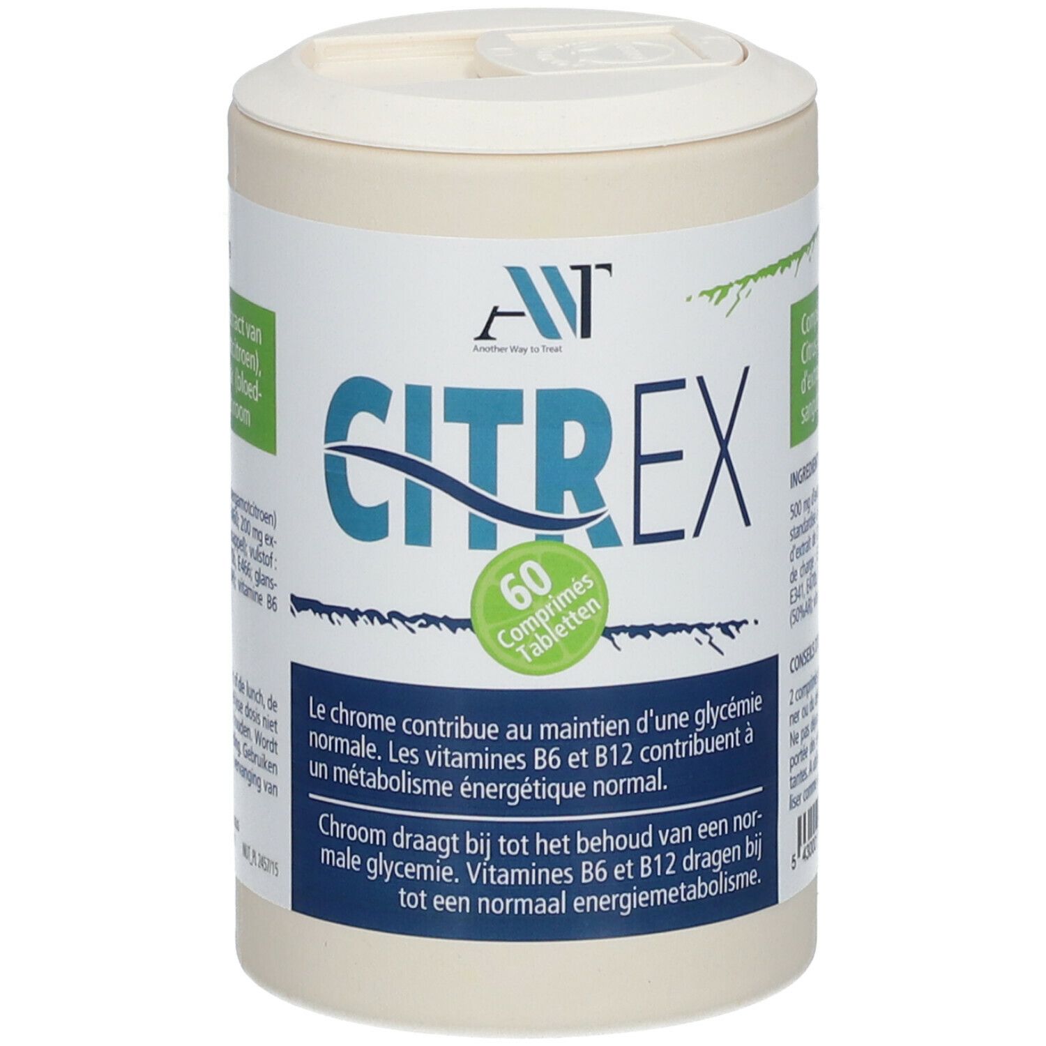 Zylinderförmige Dose mit Deckel. Aufschrift CITREX und 60 Tabletten. Grün-weiße Etiketten mit Text.
