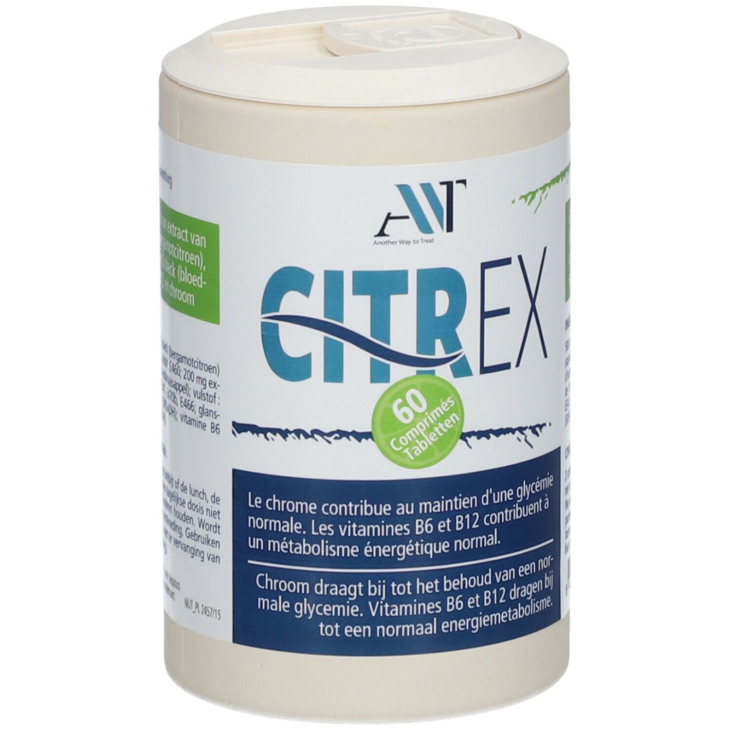 Zylinderförmige Dose mit Deckel. Aufschrift CITREX und 60 Tabletten. Grünes Etikett mit Text.