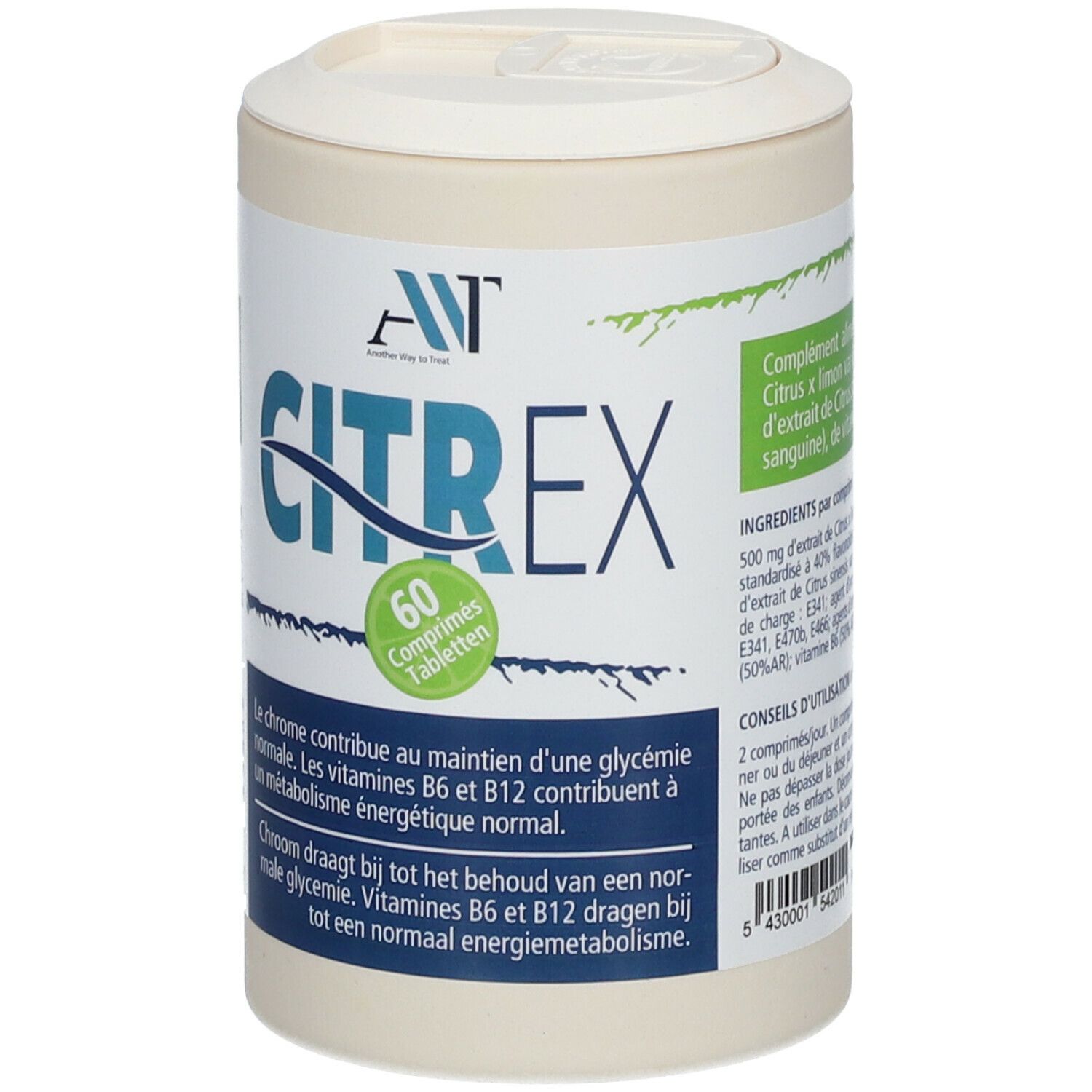 Zylinderförmige Dose mit Deckel. Aufschrift CITREX und 60 Tabletten. Grünes Etikett mit Text.