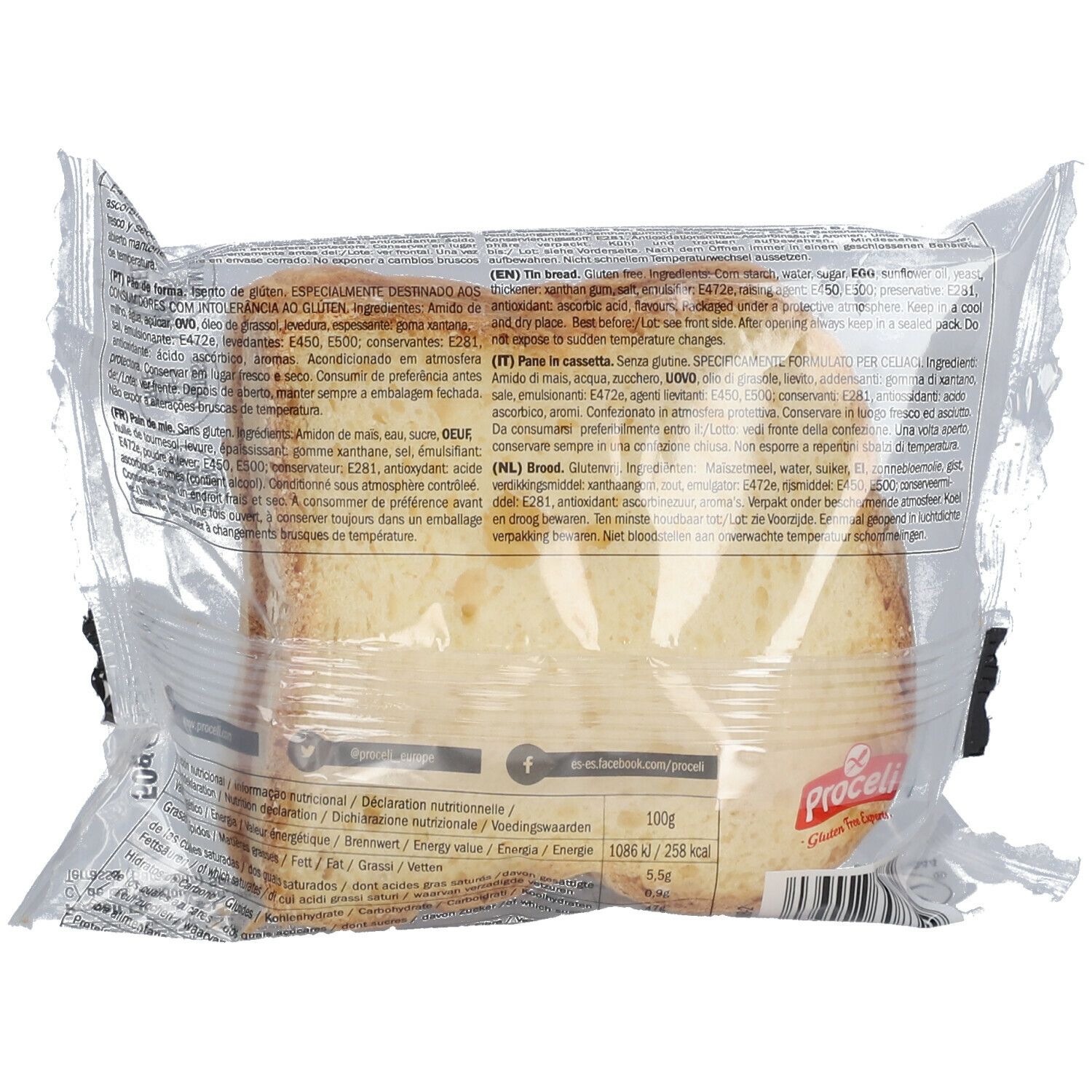 Dos du paquet de pain Proceli CLASSIC Glutenfrei. Texte et informations nutritionnelles imprimées.