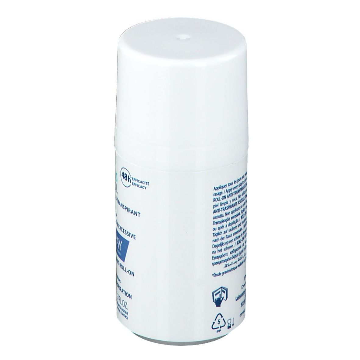 Weißer Roll-On-Behälter. Aufschrift mit Produktinformationen und Markenlogo. Rückansicht.