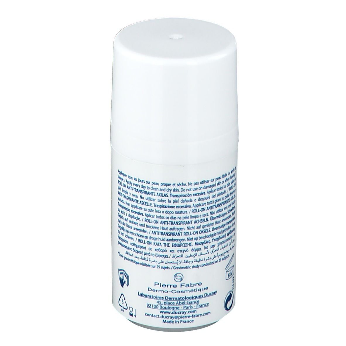 Weißer Roll-On-Behälter. Rückseite mit Produktinformationen und Markenlogo. Text in mehreren Sprachen.