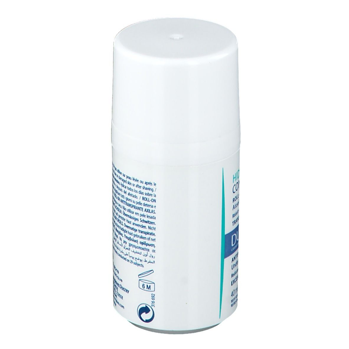 Weißer Roll-On-Behälter. Rückseite mit Produktinformationen und Markenlogo. Text in mehreren Sprachen.
