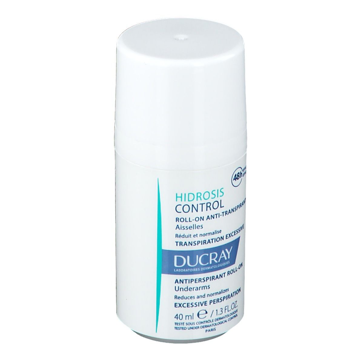 Weißer Roll-On-Behälter mit blau-weißer Beschriftung. Enthält Produktinformationen und Markenlogo.