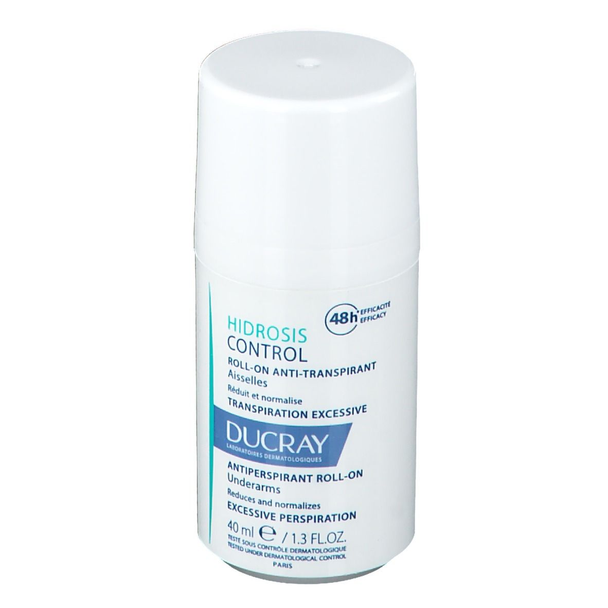 Weißer Roll-On-Behälter mit blau-weißer Beschriftung. Enthält Produktinformationen und Markenlogo.