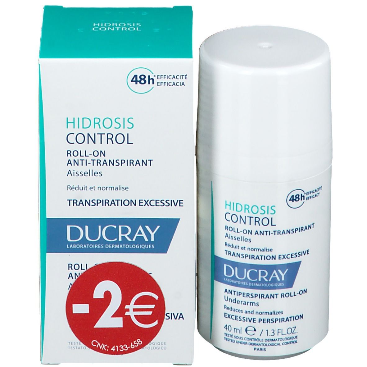 Produktverpackung mit Roll-On-Behälter und Schachtel. Enthält Produktinformationen und Markenlogo.