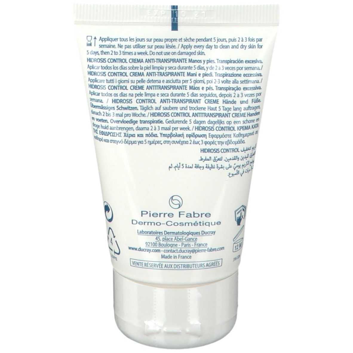 Achterkant van de tube. Meertalige tekst. Logo Pierre Fabre Dermo-Cosmétique.