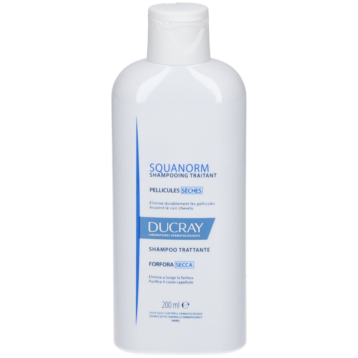 Witte shampoo fles. Opschrift: SQUANORM, PELLICULES SÈCHES, DUCRAY. 200 ml.