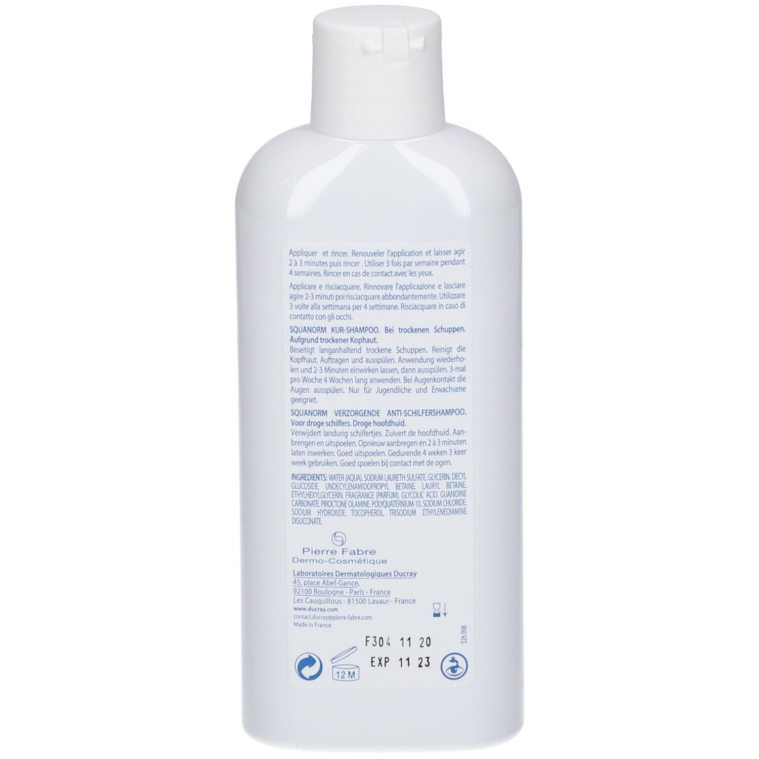 Achterkant van de shampoo fles. Tekst: toepassing, ingrediënten, Pierre Fabre, 12M symbool.