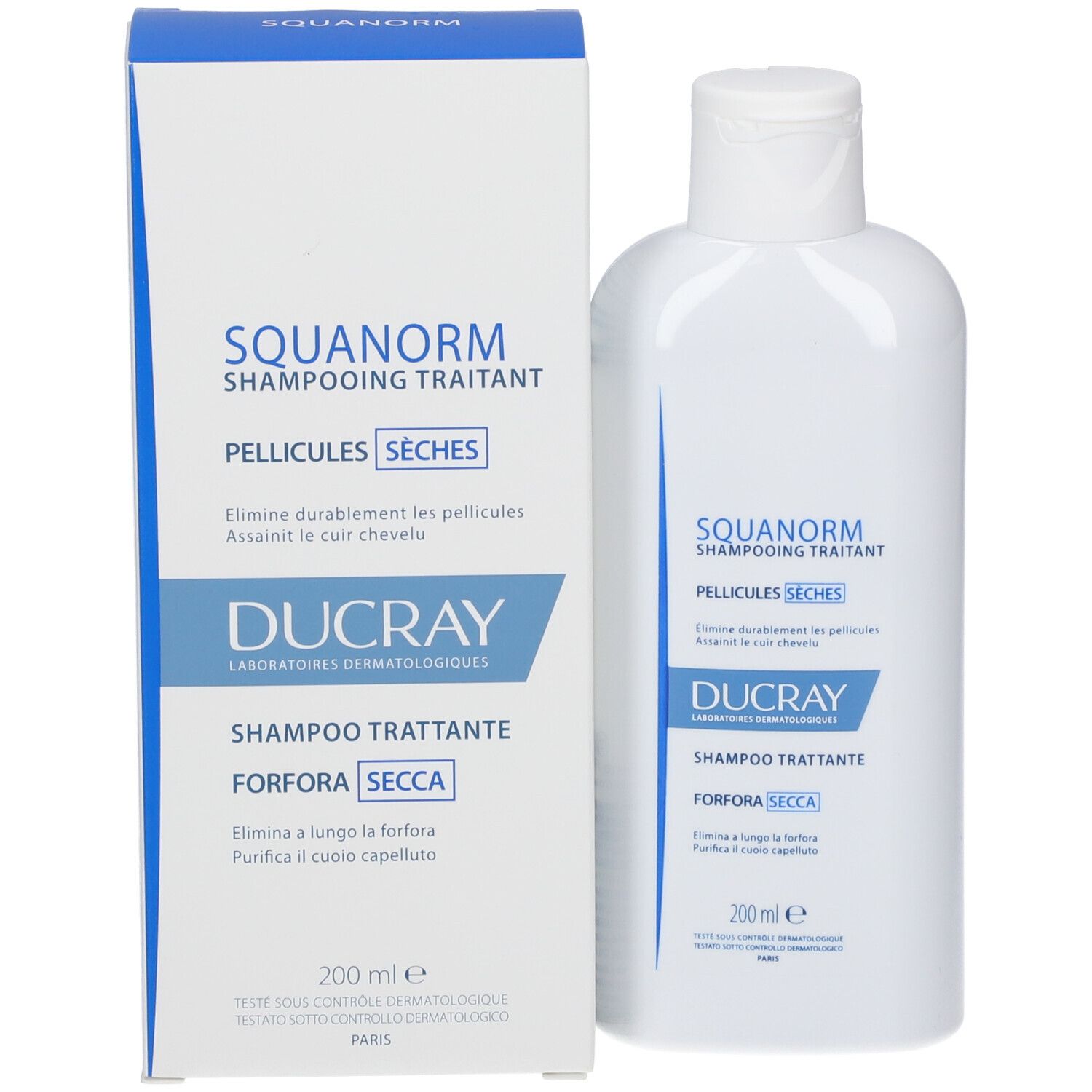 Shampoo fles en doos. Opschrift: SQUANORM, PELLICULES SÈCHES, DUCRAY. 200 ml.