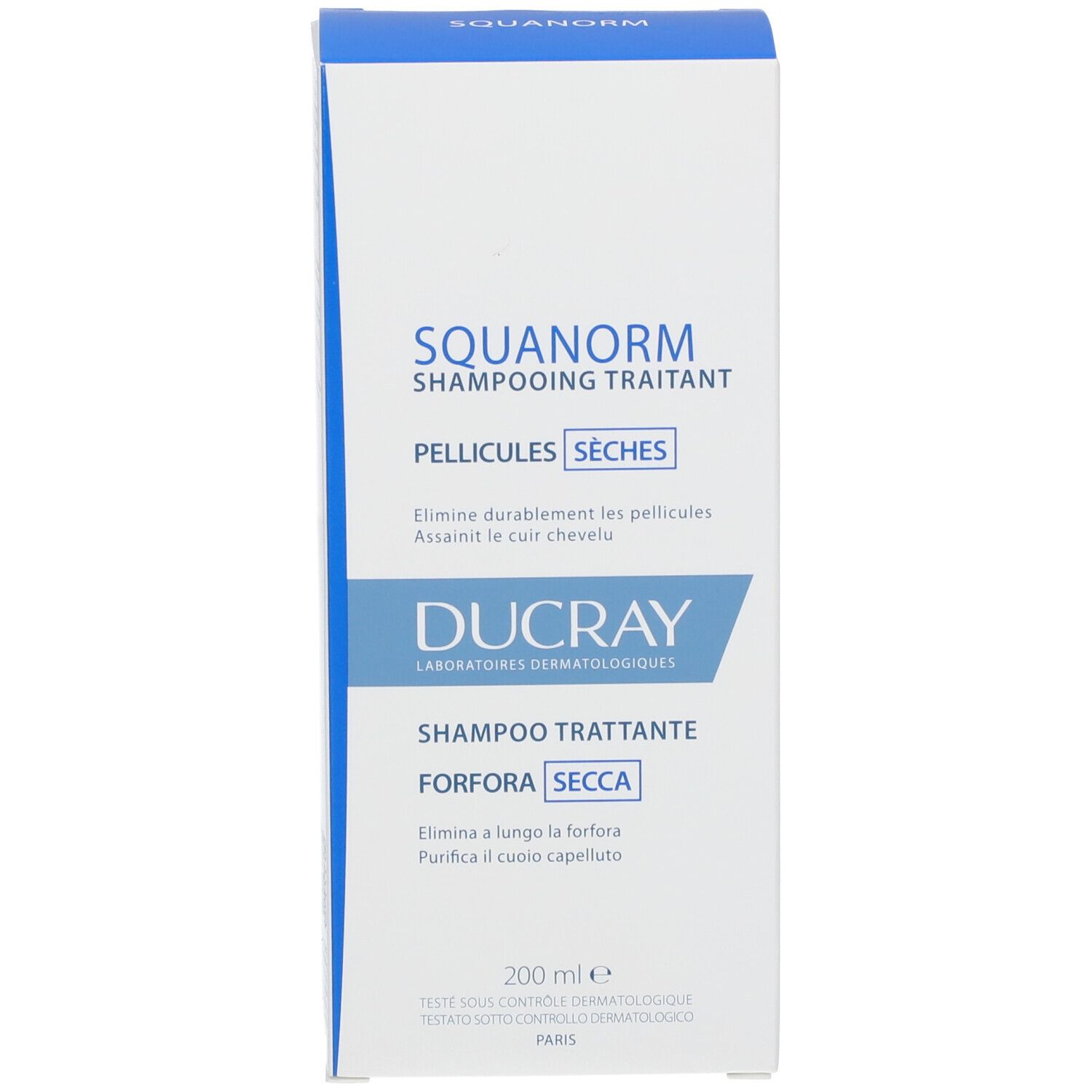 Doos met shampoo. Opschrift: SQUANORM, PELLICULES SÈCHES, DUCRAY. 200 ml.