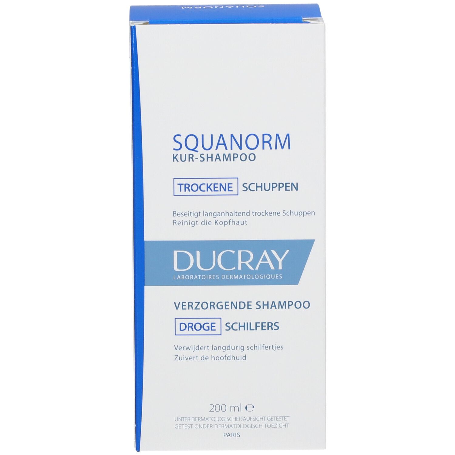 Doos met shampoo. Opschrift: SQUANORM, KUR-SHAMPOO, DROGE SCHILFERS, DUCRAY. 200 ml.