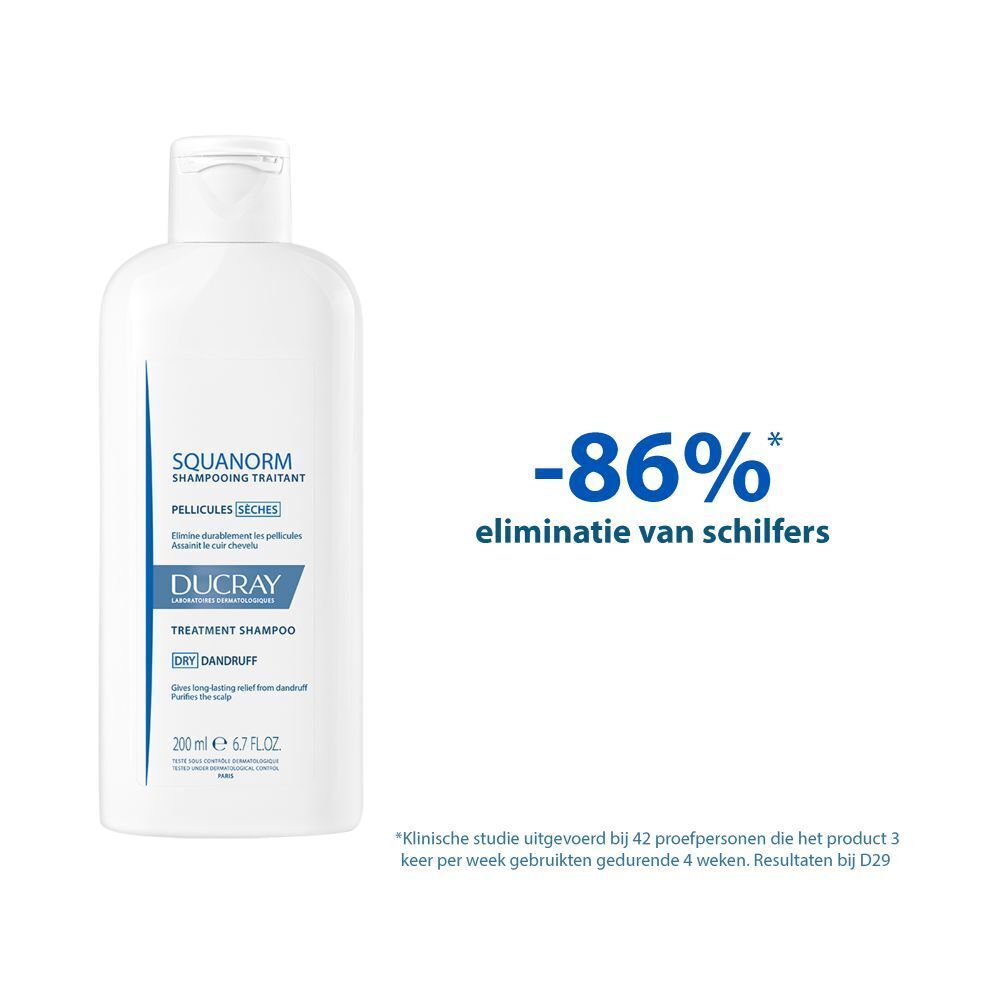 Shampoo fles. Tekst: Elimineert schilfers, verzacht jeuk, zuivert de hoofdhuid.