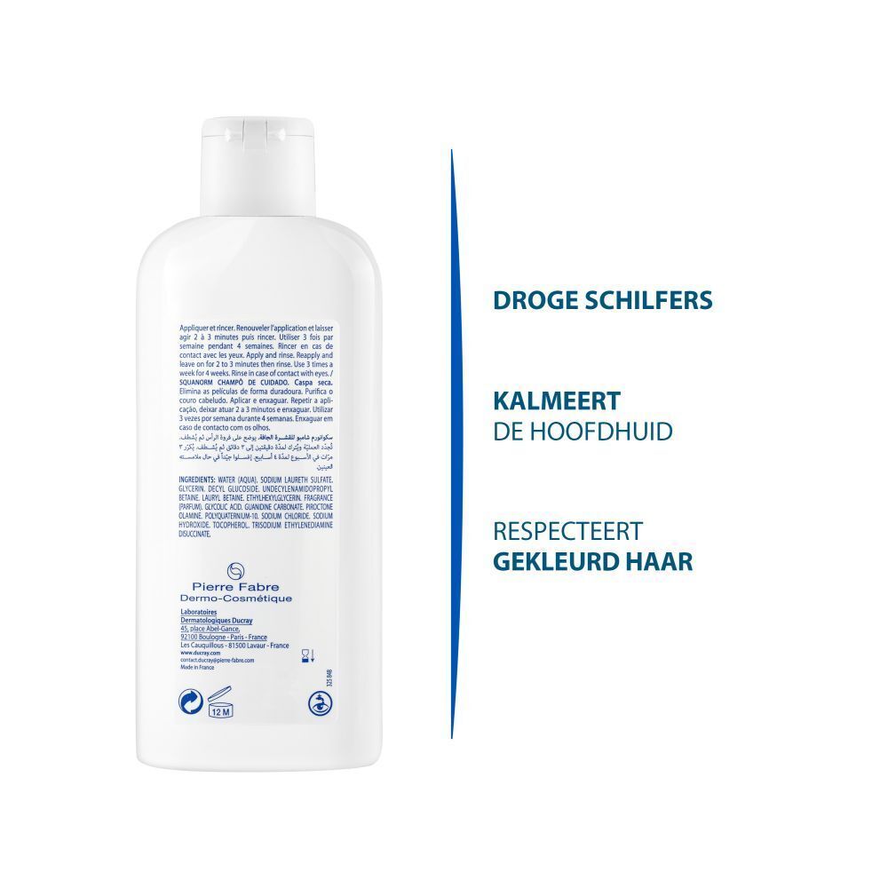 Shampoo fles. Tekst: Dermatologisch getest, biologisch afbreekbaar.