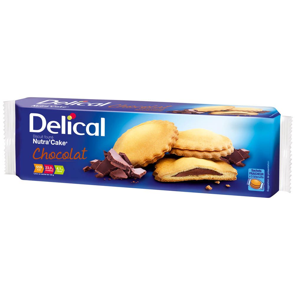 Paquet de Delical Nutra'Cake Chocolat. Emballage bleu avec visuel du produit et morceaux de chocolat.