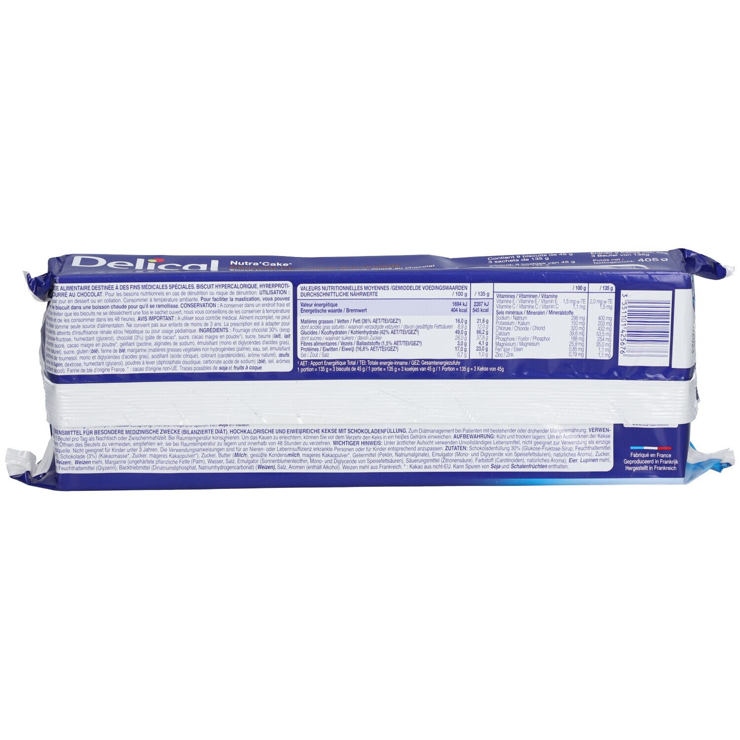 Dos du paquet de Delical Nutra'Cake Chocolat. Texte et informations nutritionnelles sur fond blanc.