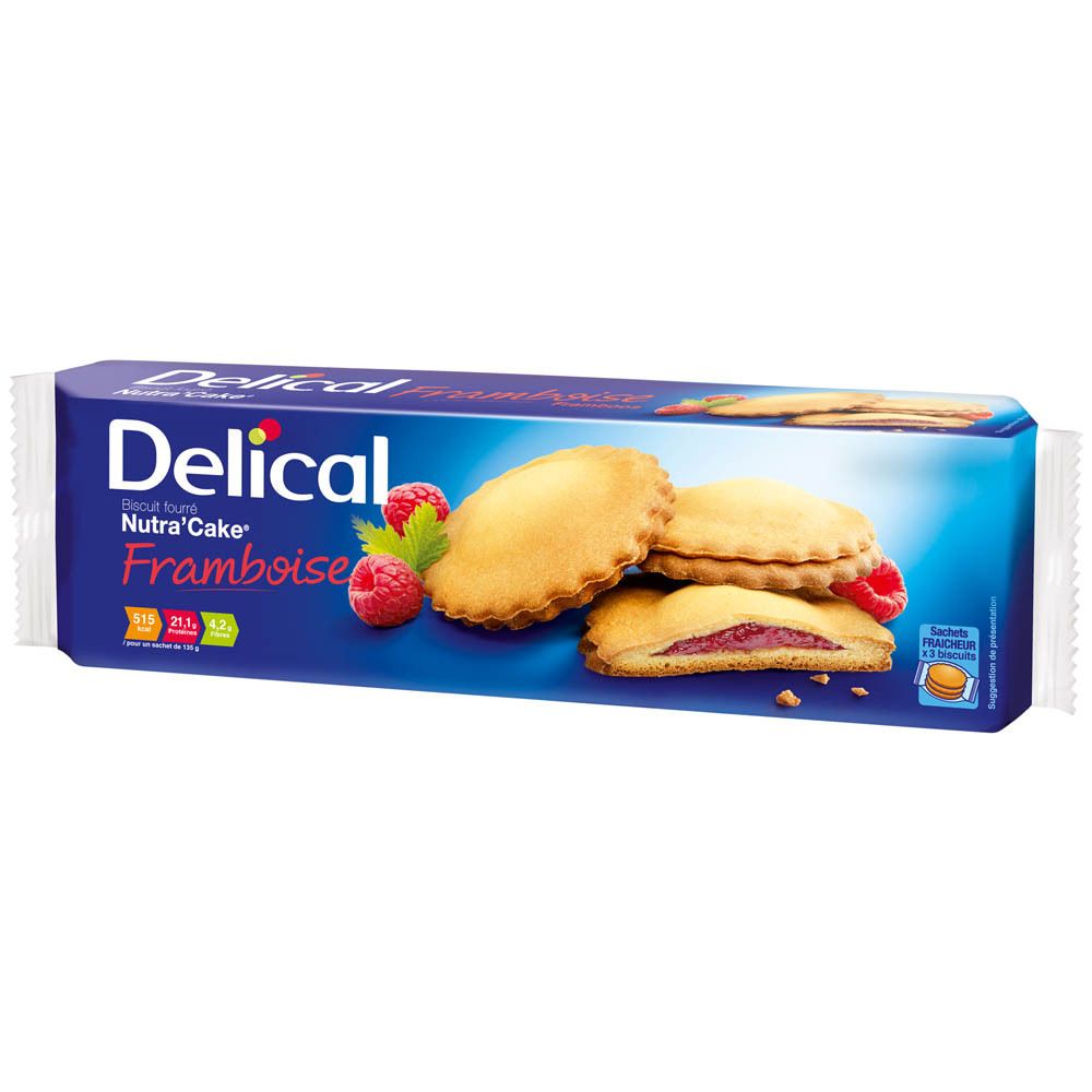 Paquet de biscuits. Emballage bleu avec nom du produit et framboises. Biscuits fourrés à la framboise.