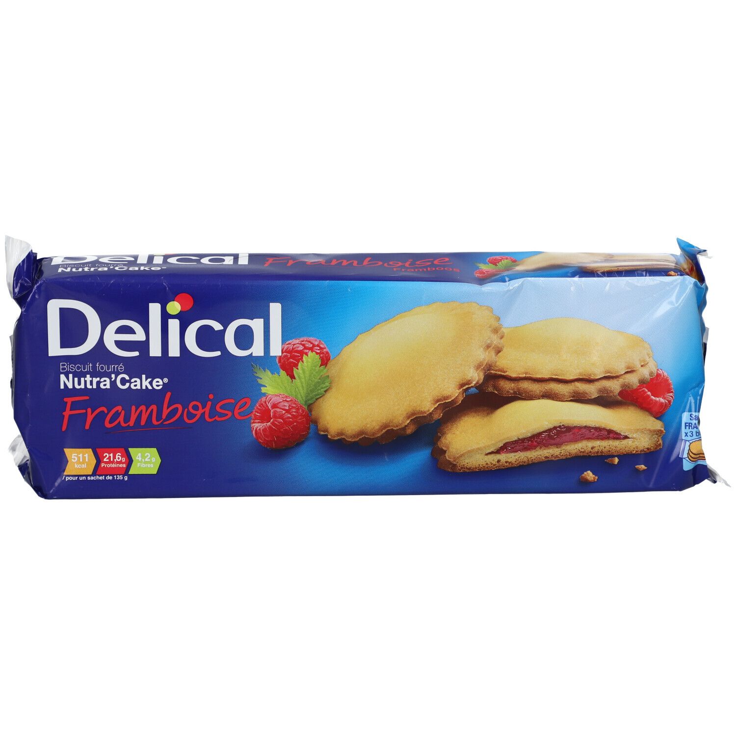 Paquet de biscuits. Emballage bleu avec nom du produit et framboises. Biscuits fourrés à la framboise.