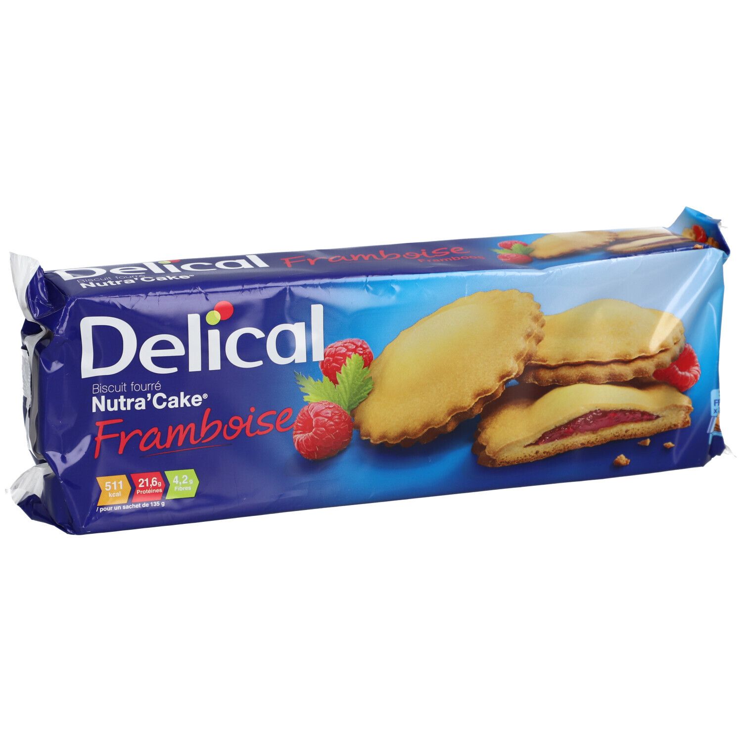 Paquet de biscuits. Emballage bleu avec nom du produit et framboises. Biscuits fourrés à la framboise.