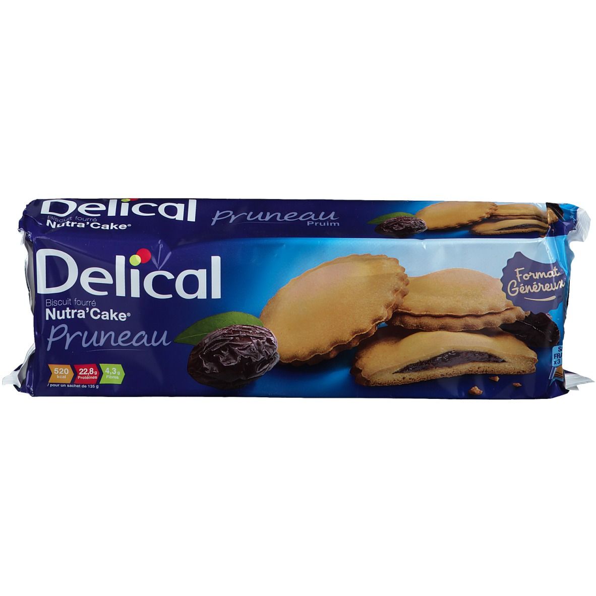 Paquet de Delical Nutra'Cake Pruneau. Emballage bleu avec images et texte. Gâteaux individuels visibles.