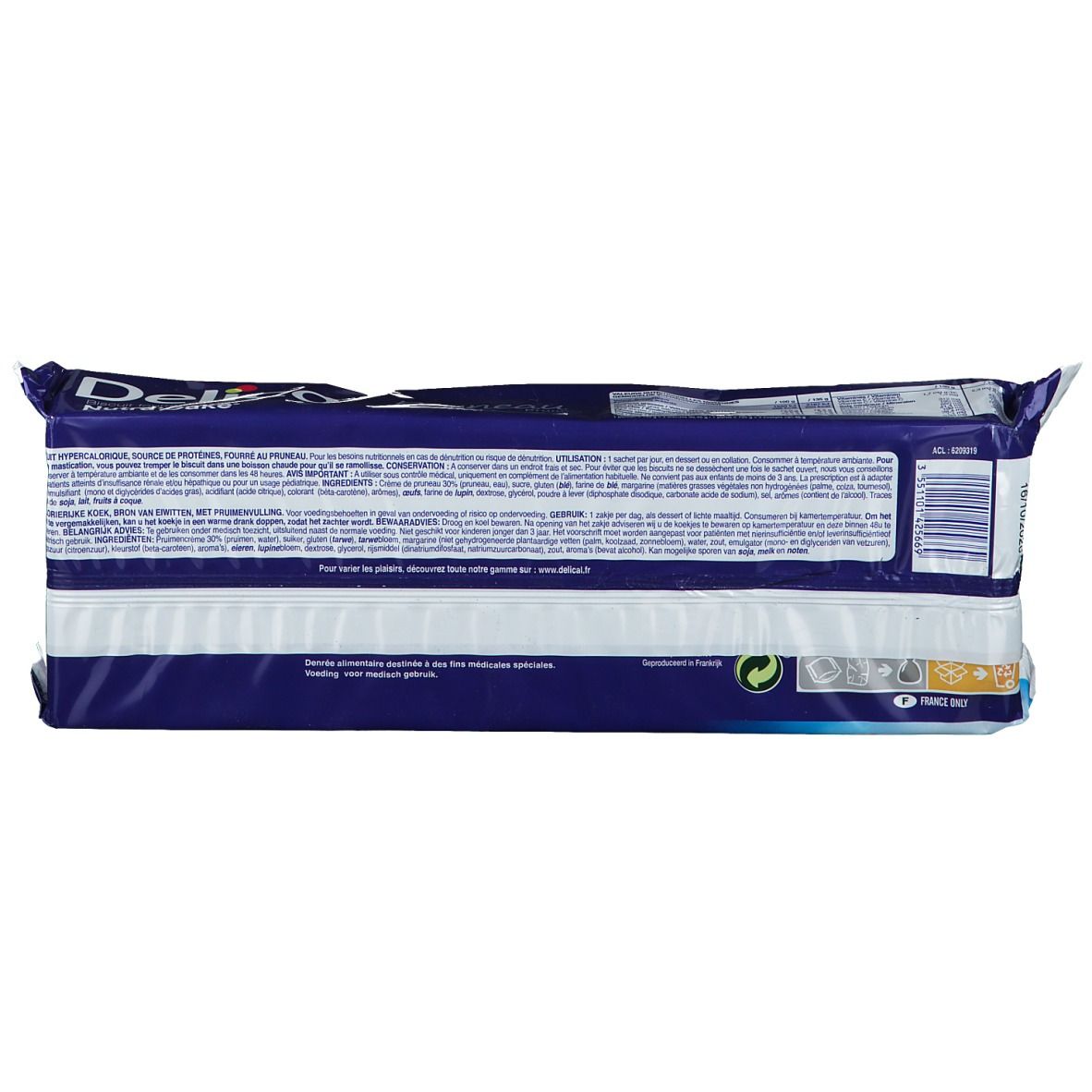 Dos du paquet de Delical Nutra'Cake Pruneau. Emballage bleu avec texte et informations nutritionnelles. Inscriptions en français.