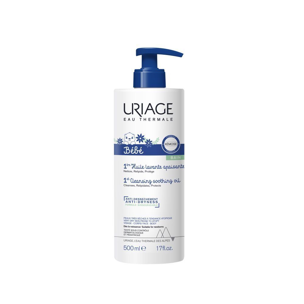 Flacon blanc avec pompe bleue. Logo Uriage, nom du produit et texte sur le devant.