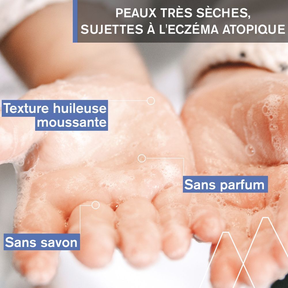 Mains avec texture moussante. Texte: Sans savon, sans parfum.