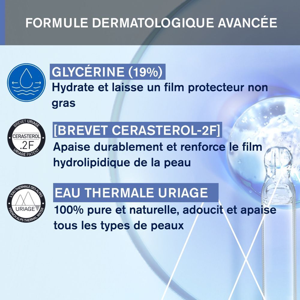 Diagramme avec ingrédients. Texte: Glycérine (19%), Cerasterol-2F, Eau Thermale Uriage.