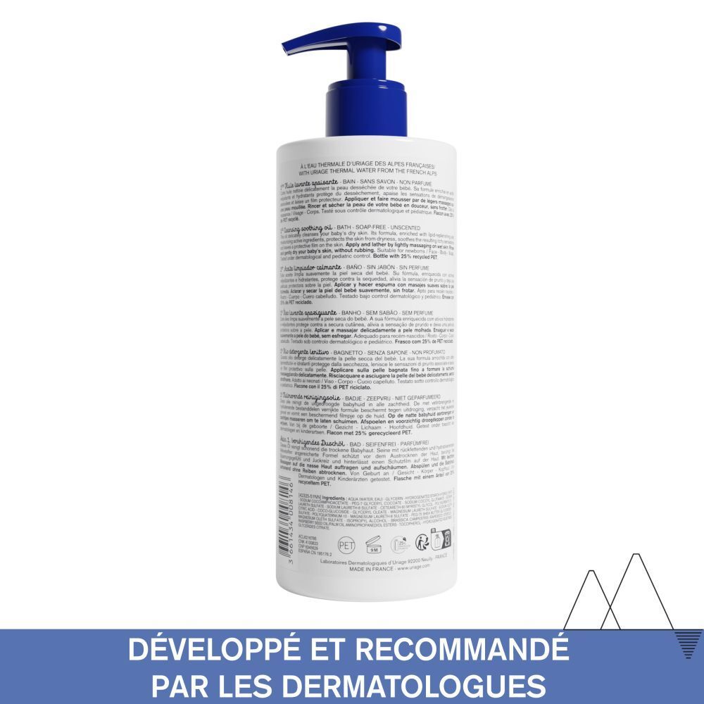 Dos du flacon avec texte. Texte: Développé et recommandé par les dermatologues.