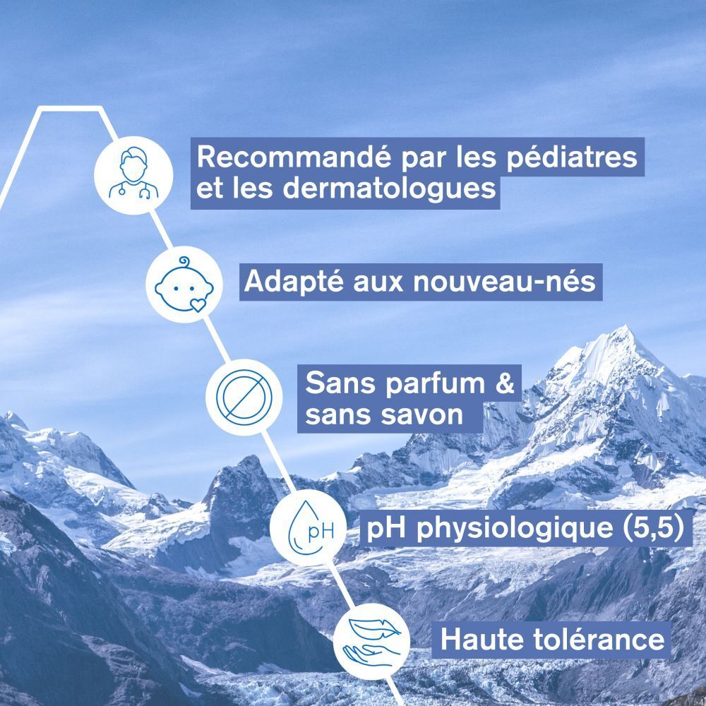 Diagramme avec symboles. Texte: Recommandé par les pédiatres et les dermatologues.