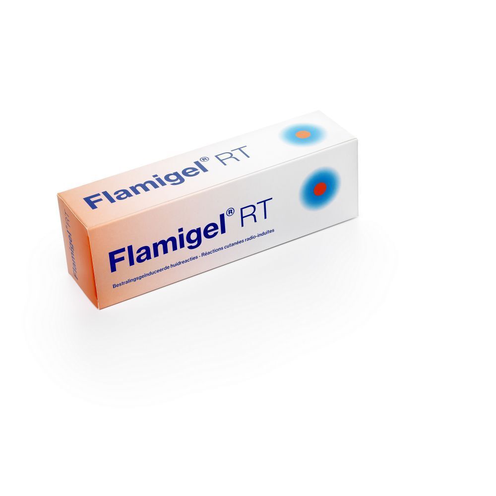 Doos met Flamigel RT-opdruk. Wit-oranje verloop. Blauwe cirkel. Productnaam in oranje. Tekst in zwart.