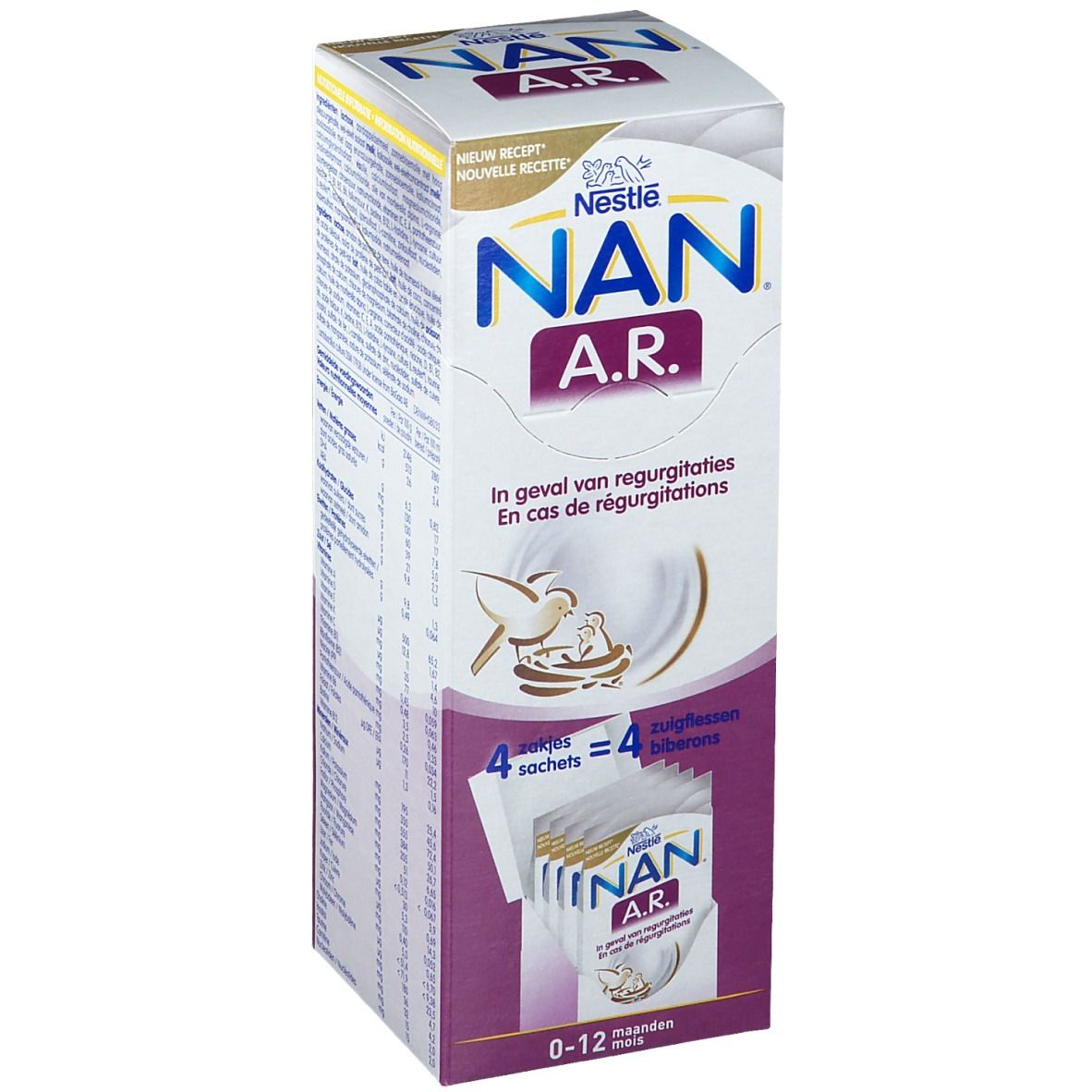 Boîte de NAN A.R. avec 4 sachets. Texte: En cas de régurgitations. Âge: 0-12 mois.