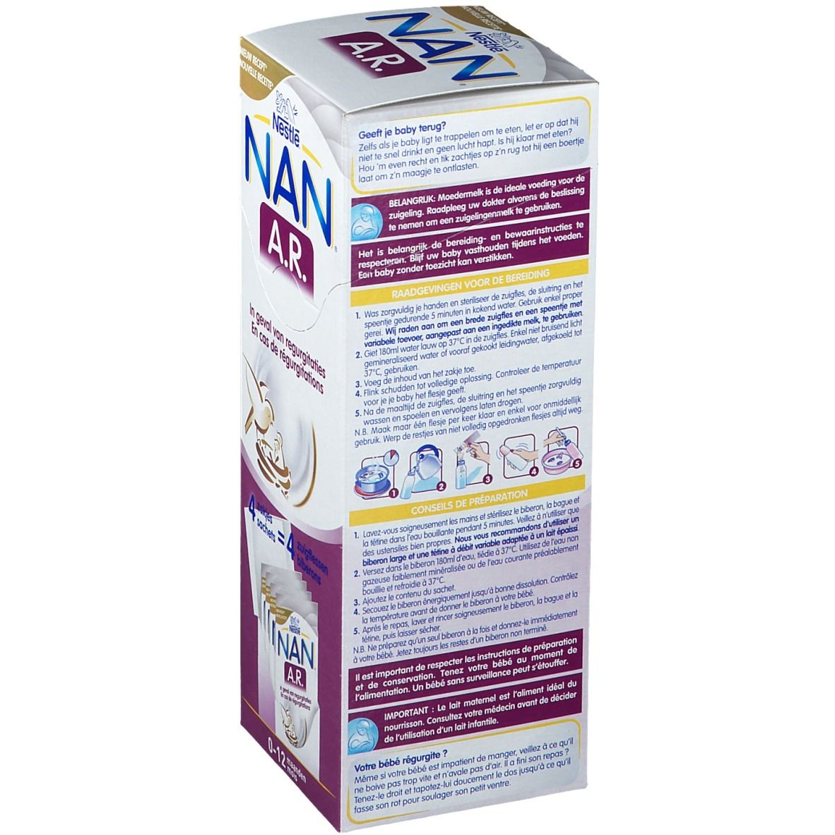 Vue latérale de l'emballage NAN A.R. Texte: En cas de régurgitations. Instructions et informations nutritionnelles.