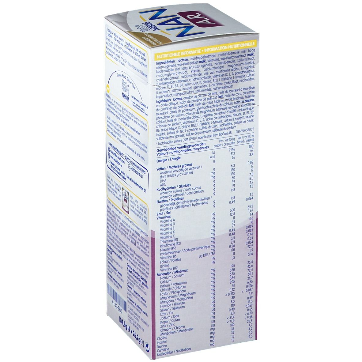 Dos de l'emballage NAN A.R. Texte: Informations nutritionnelles et ingrédients. Contient du lait.