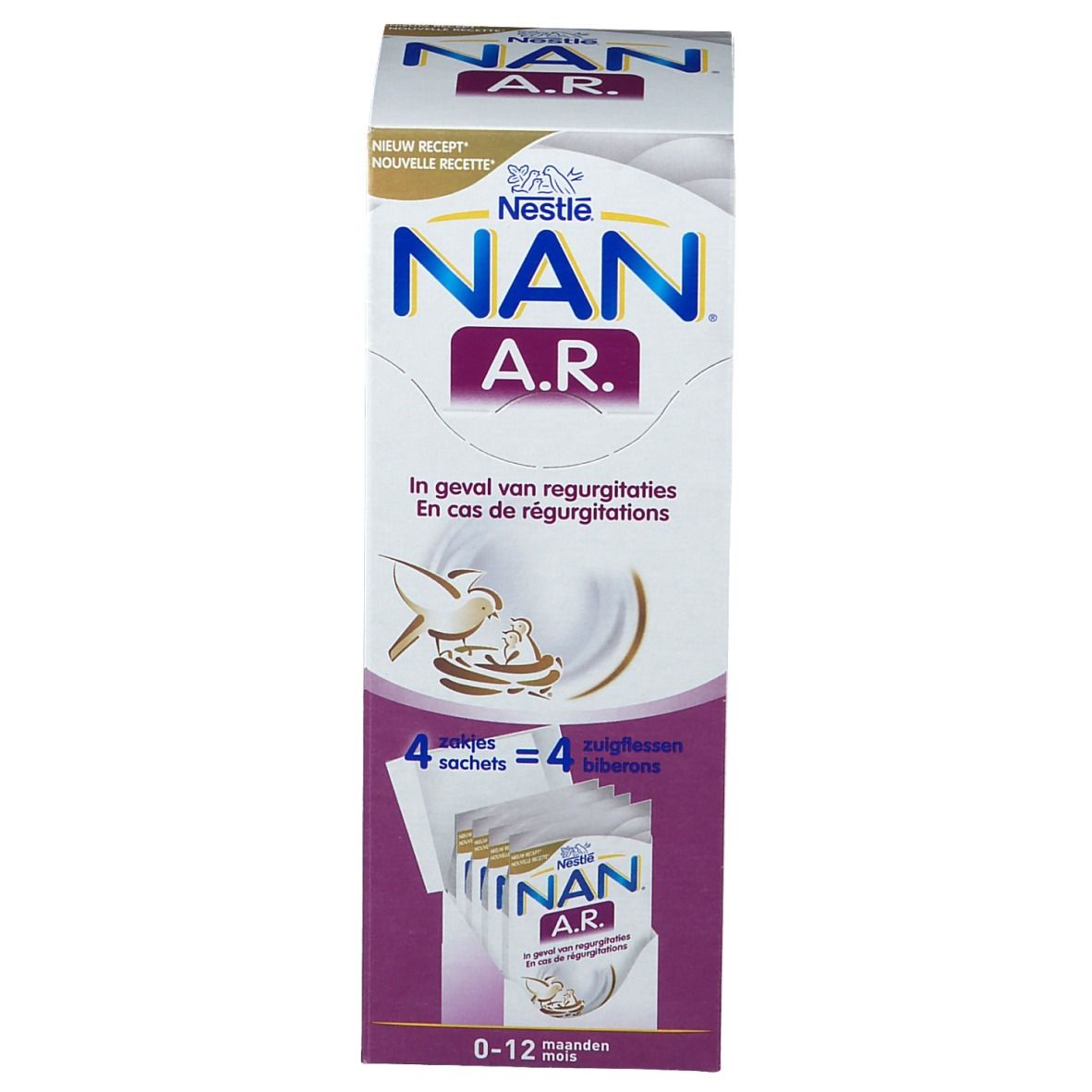 Emballage NAN A.R. Texte: En cas de régurgitations. 4 sachets. Âge: 0-12 mois.