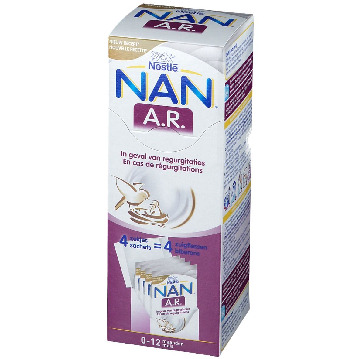 Emballage NAN A.R. Texte: En cas de régurgitations. 4 sachets. Âge: 0-12 mois.