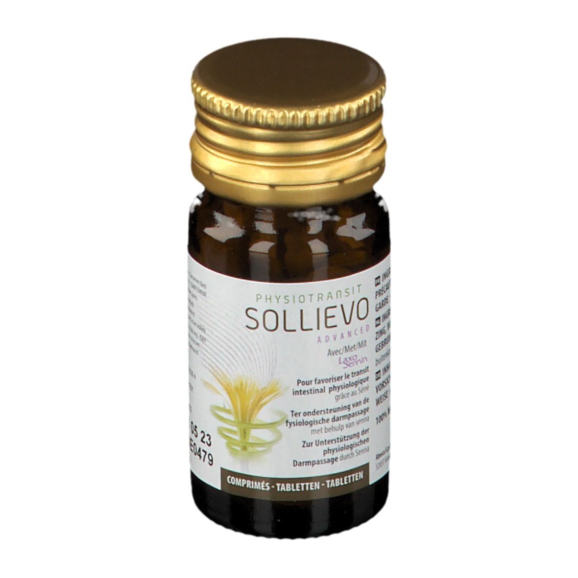 Bruine glazen fles met gouden dop. Etiket met productnaam SOLLIEVO ADVANCED en info. Tabletten zichtbaar.
