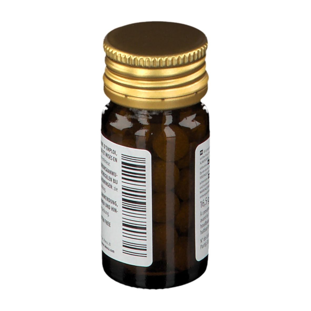 Bruine glazen fles met gouden dop. Tabletten binnenin zichtbaar. Etiket met info en barcode.