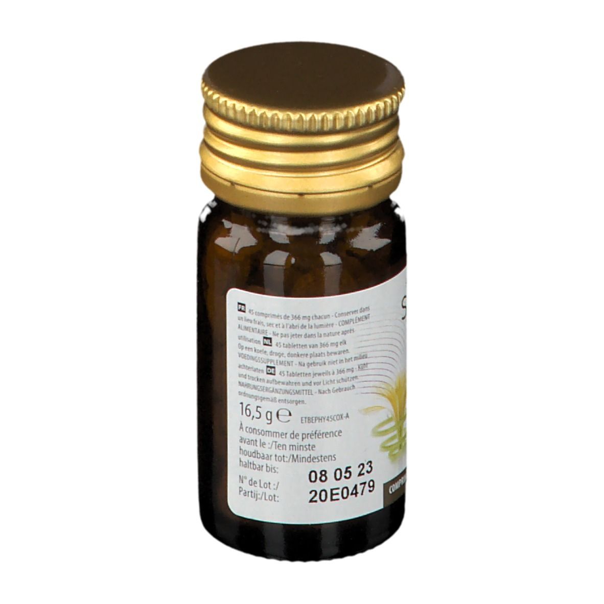 Bruine glazen fles met gouden dop. Etiket met info, houdbaarheidsdatum en lotnummer.