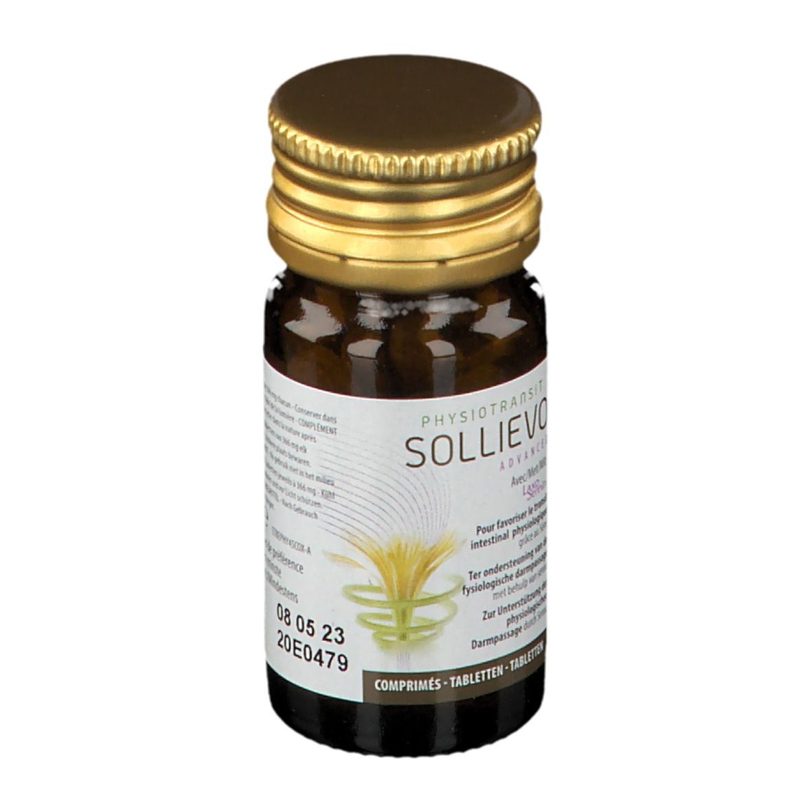 Bruine glazen fles met gouden dop. Etiket met productnaam SOLLIEVO ADVANCED en andere info.
