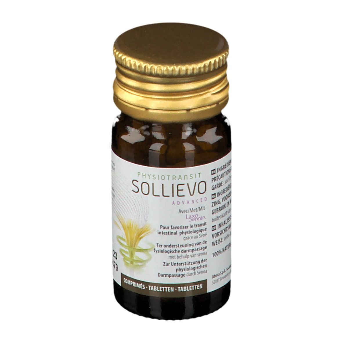 Bruine glazen fles met gouden dop. Etiket met productnaam SOLLIEVO ADVANCED en andere info.