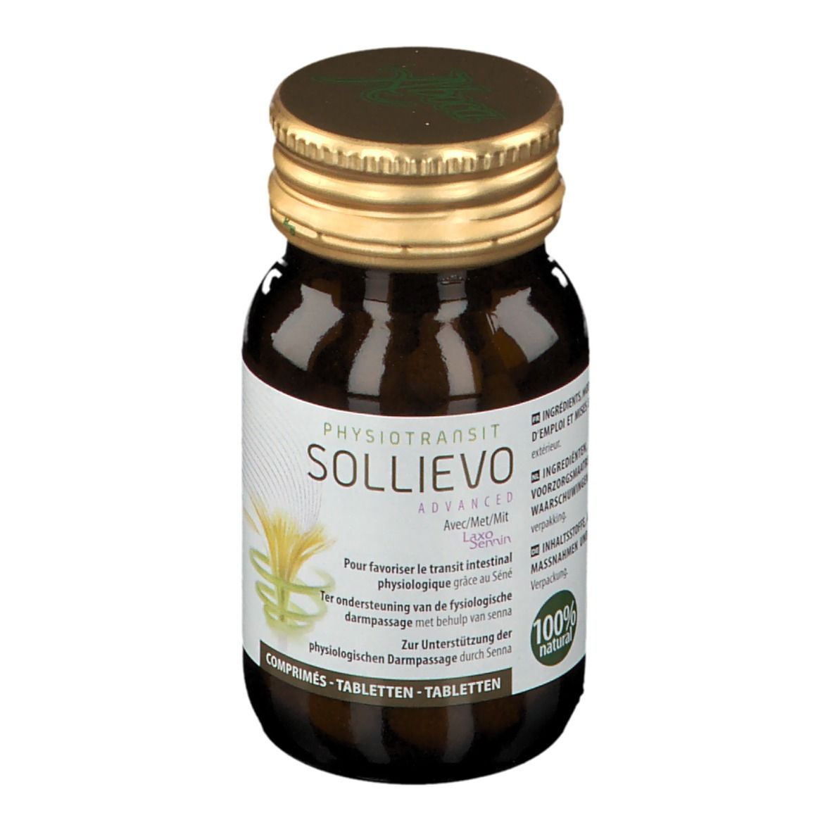 Bruine glazen fles met gouden dop. Opschrift SOLLIEVO ADVANCED PHYSIOTRANSIT. 100% natuurlijk.