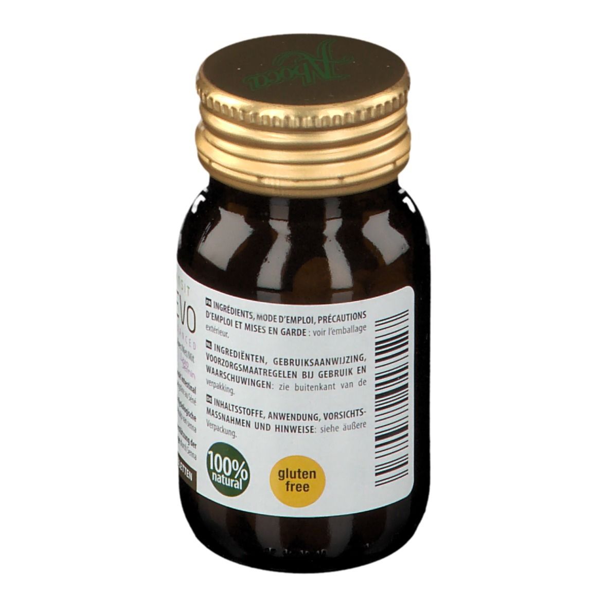Achterkant van de bruine glazen fles. Bevat informatie over ingrediënten en gebruik. Glutenvrij zegel.