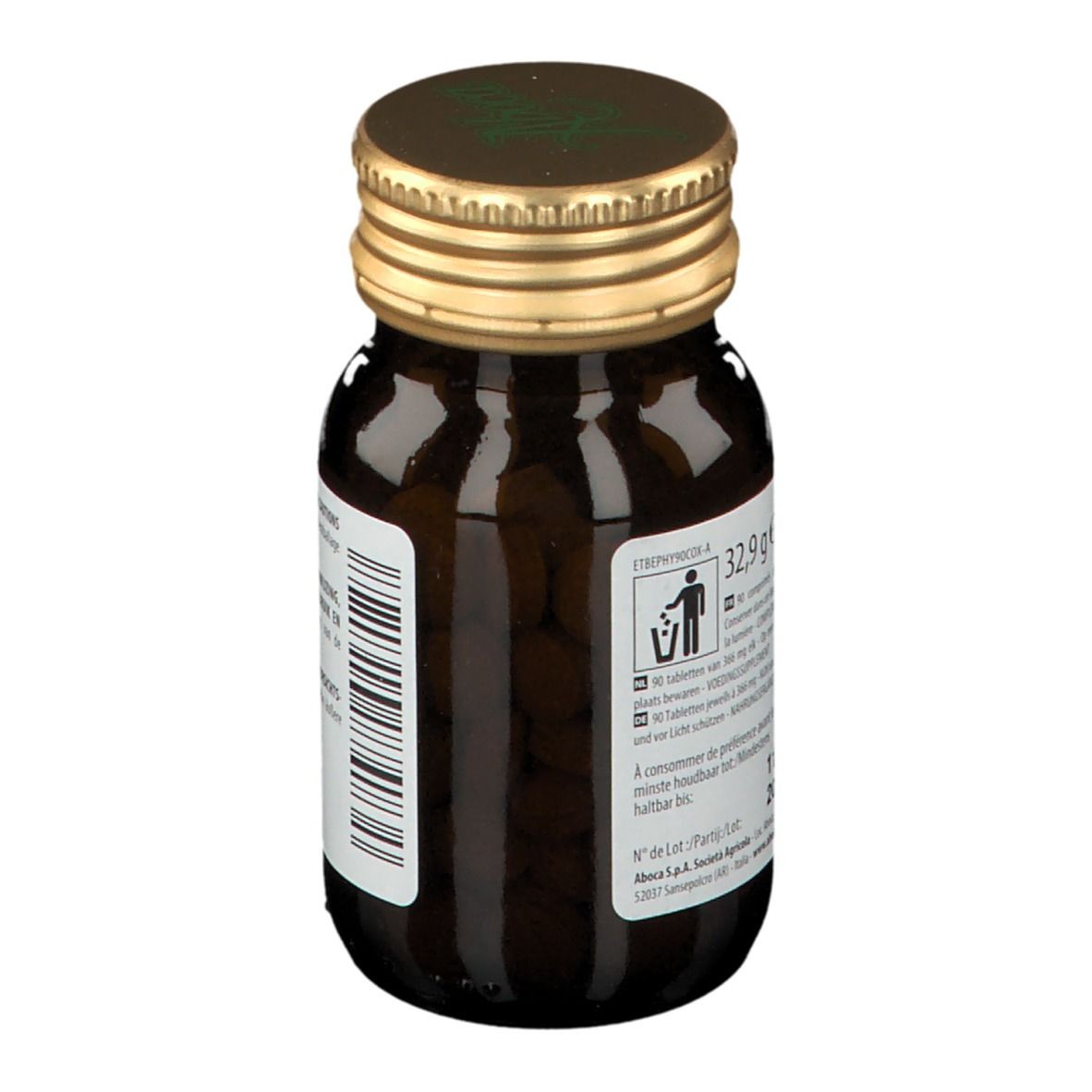 Achteraanzicht van de bruine glazen fles. Informatie over verwijdering en gewicht: 32,9 g.